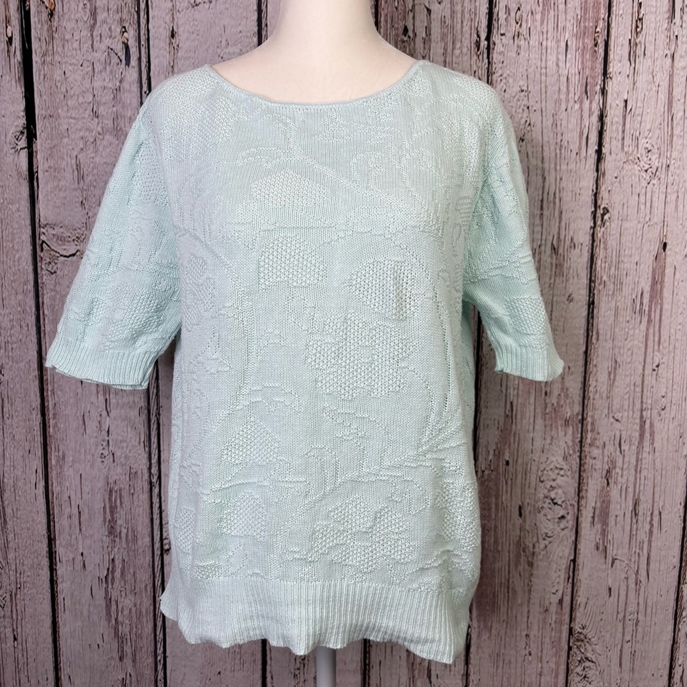 Vintage Short Sleeve Knit Sweater Top Light Mint Green Blue Shirt Medium? 1980s